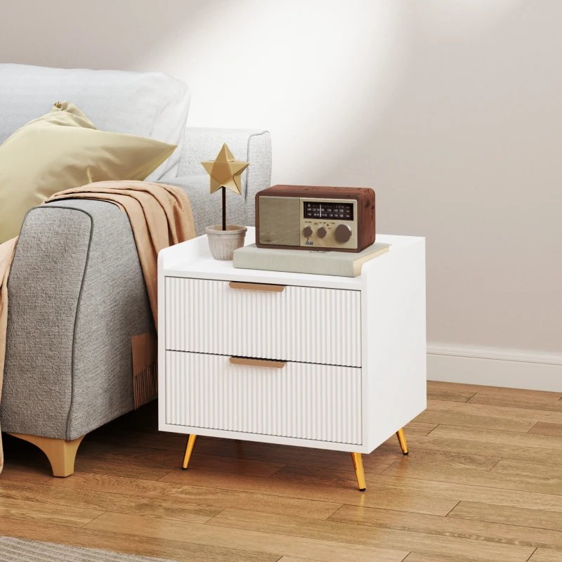HOMCOM Bedside Table, Nightstand with 2 Drawers, Side End Table with Metal Legs for Bedroom, White