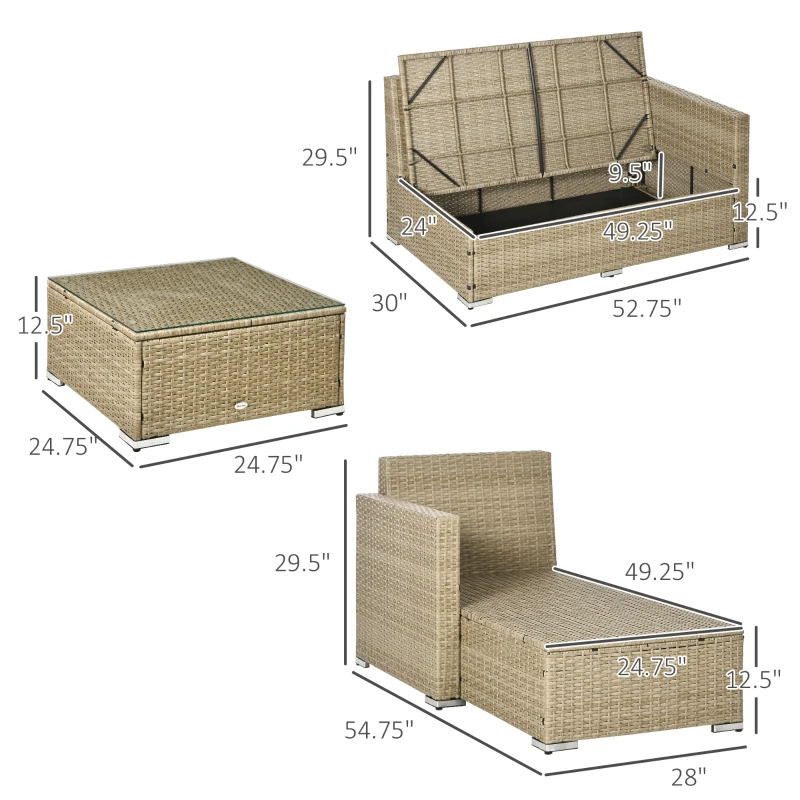 Outsunny 3 Piece Sectional Patio Furniture Set, Outdoor Wicker Rattan Sofa Couch with Table, Storage, 52.75"x30"x29.5", Khaki