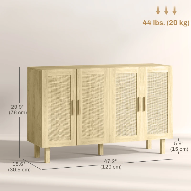 HOMCOM Boho Sideboard Buffet Cabinet, Storage Cabinet with 4 Rattan Doors and Adjustable Shelves, Natural