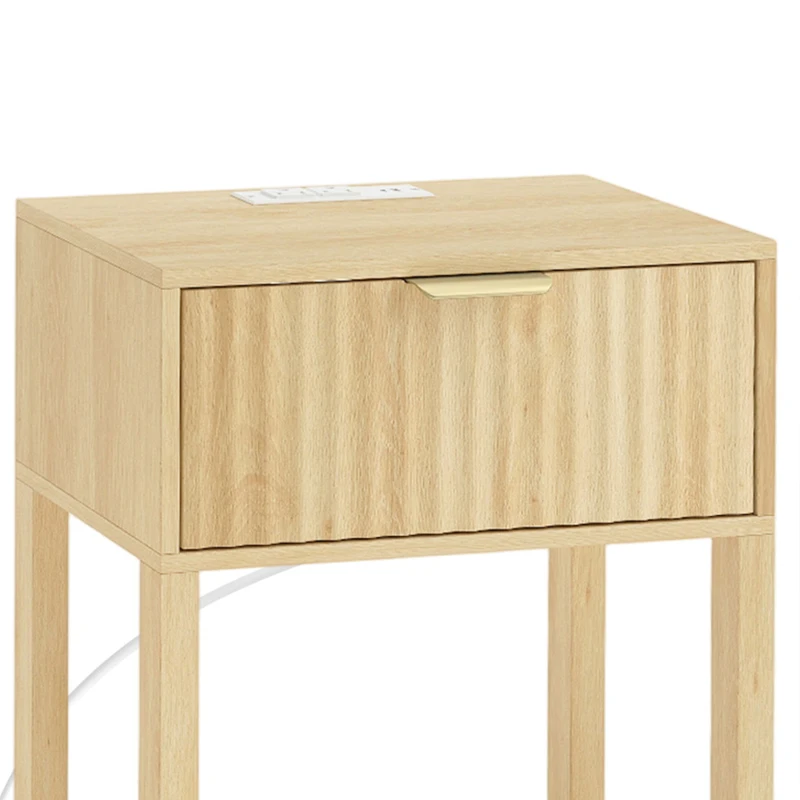HOMCOM Modern Nightstand Set of 2, Slim Bedside Table with Drawer, Open Shelf and Built-in Charging for Bedroom, Oak