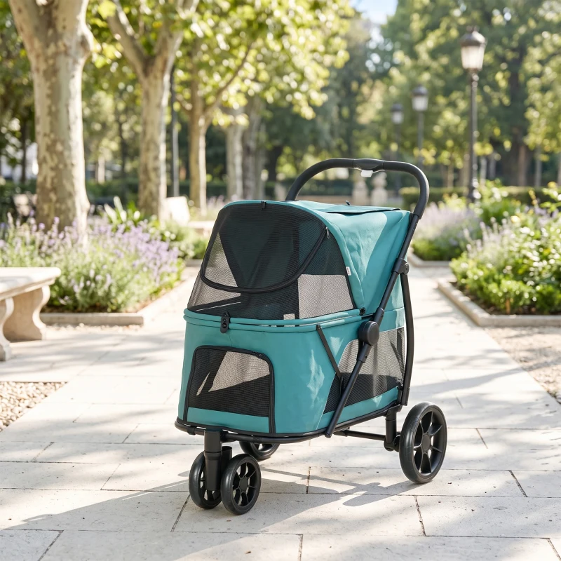 PawHut 3 Wheel Pet Stroller with Easy One-Click Quick Fold, Mesh Window, Washable Cushion, for Medium Dogs, Dark Green