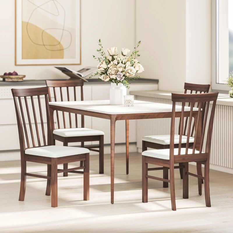 HOMCOM Wooden Dining Chairs Set of 2, Farmhouse Upholstered Kitchen Chairs with Rubber Wood Frame, Dark Brown and Beige
