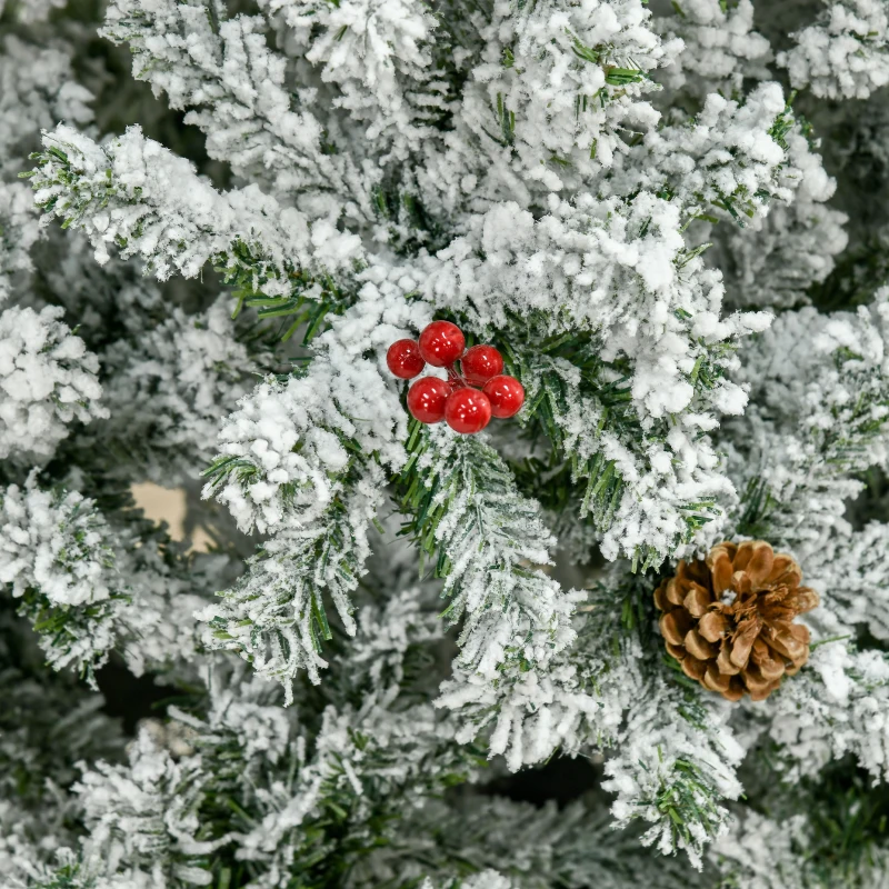 HOMCOM 9 Foot Pencil Snow Flocked Artificial Christmas Tree with Pine Realistic Branches, Pine Cones, Red Berries, Green
