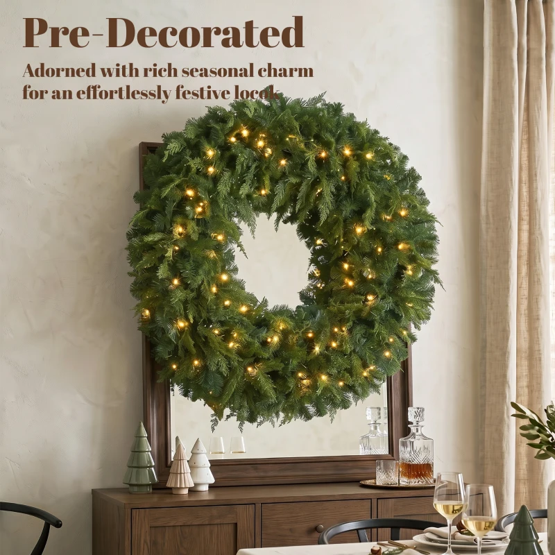 HOMCOM 36" Prelit Crestwood Spruce Artificial Christmas Wreath, Christmas Decor with Bow, LEDs, 8 Modes, Realistic Tips