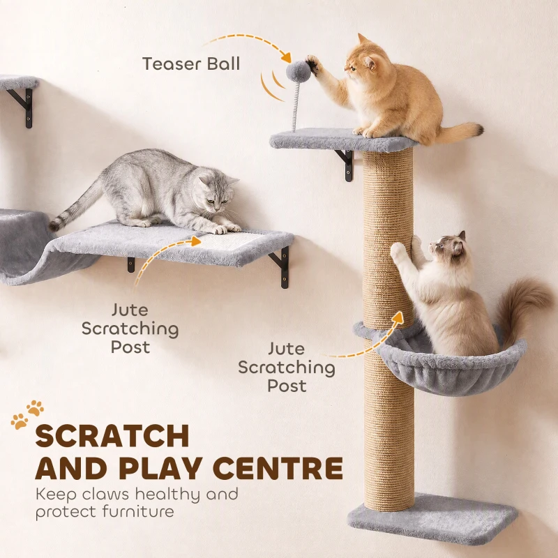 PawHut 3-In-1 Cat Wall Shelves with Condo, Bed, Hammock, Scratching Post and Spring Ball, Gray