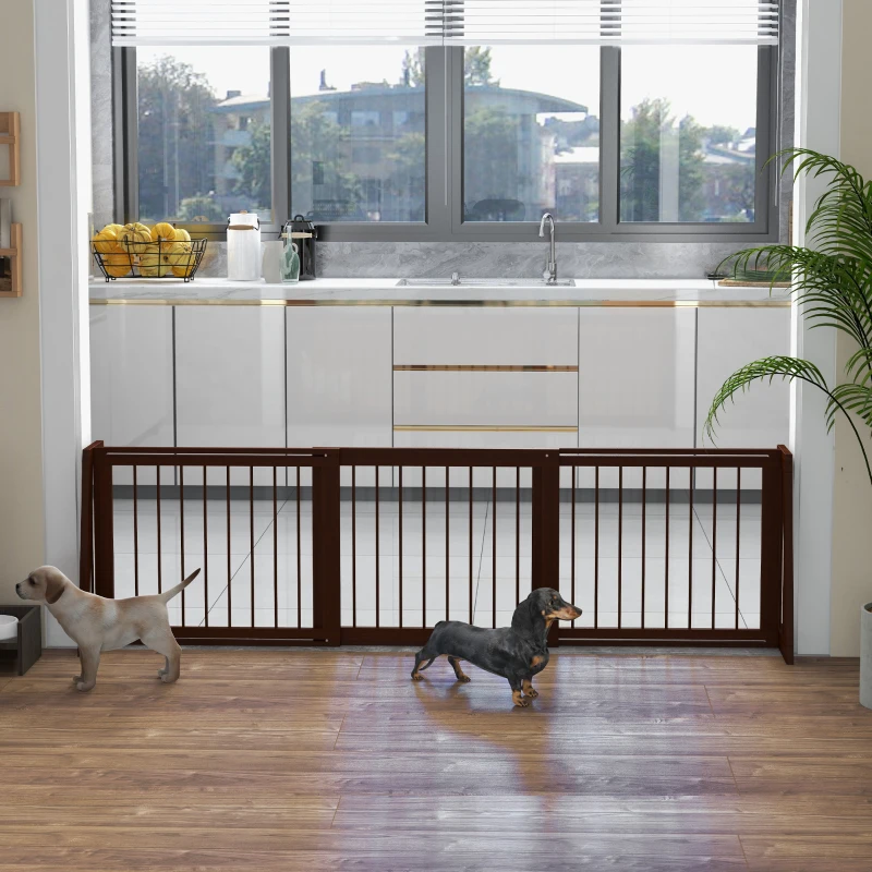 PawHut 28"-75" Freestanding Wooden Pet Gate with Support Feet & Non-Slip Mats for Indoor, Stairway, Doorway, Brown