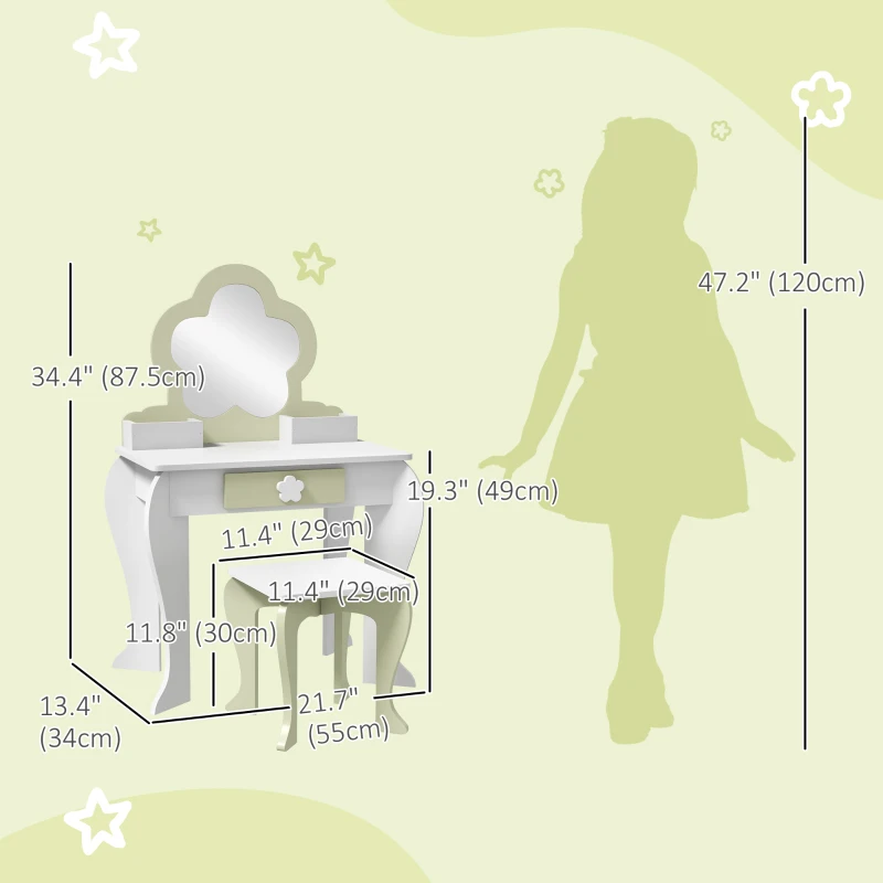 Qaba Kids Makeup Vanity Set with Stool, Mirror, Drawer, Storage Boxes, White