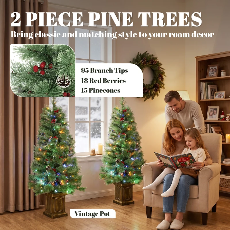 HOMCOM 4ft Pre-Lit Artificial Christmas Tree Set of 2, Xmas Pine Trees, Dual Colors, Remote, Green