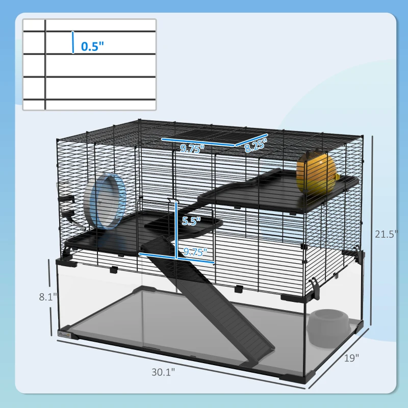 PawHut 30" Hamster Cage, Gerbil Cage with Glass Basin for Small Hamsters, Black