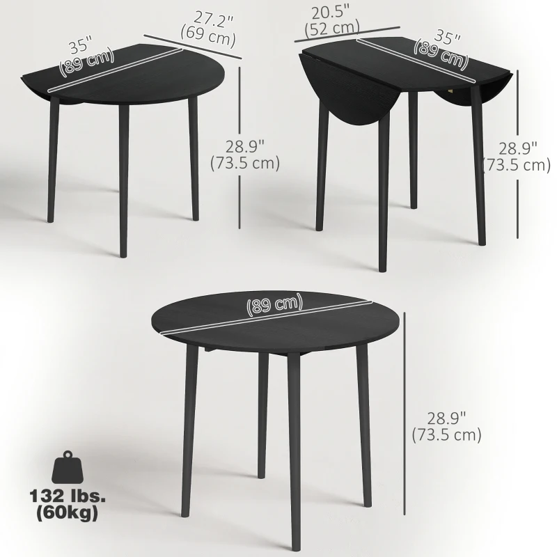 HOMCOM Folding Dining Table, Round Drop Leaf Kitchen Table for Small Spaces with Wood Legs, Distressed Black