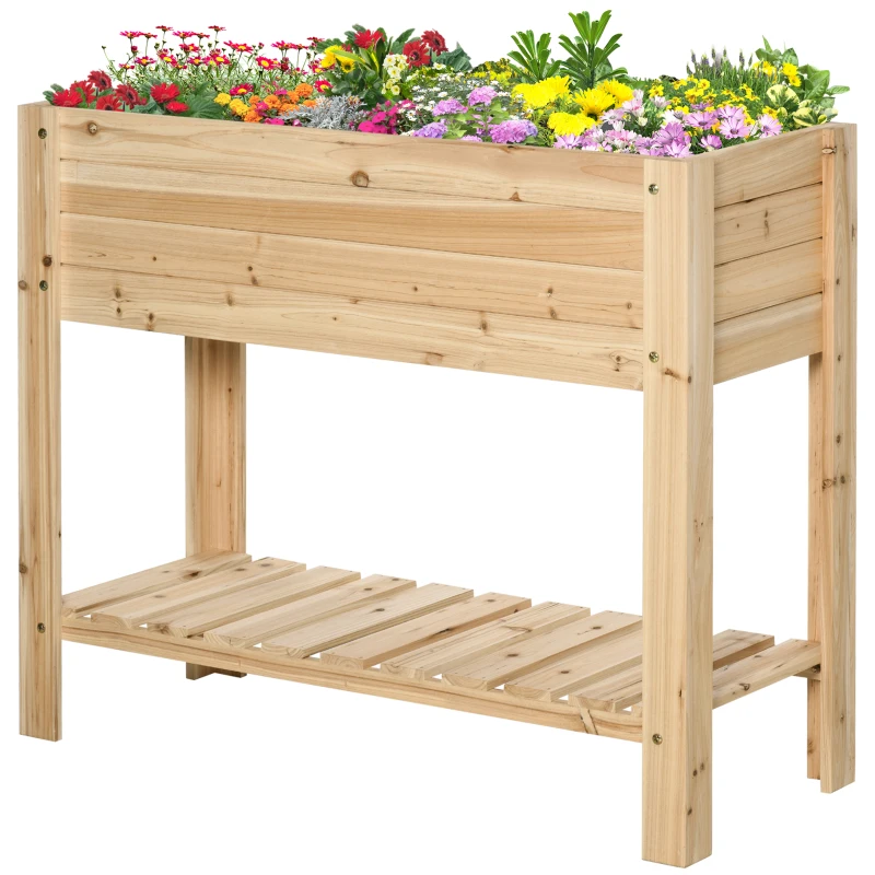Outsunny Raised Garden Bed with Legs, Elevated Box Planter with Storage Shelf, Bed Liner for Backyard Patio, Natural Wood