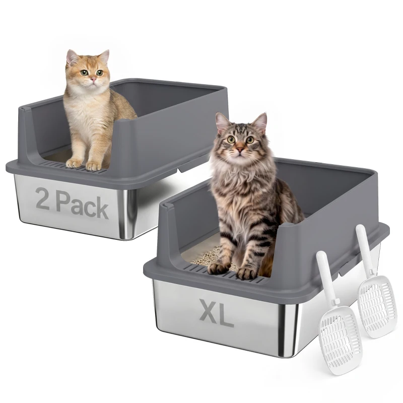 PawHut 2 Pack XL Stainless Steel Litter Box with Scoops, High Sided, for Big and Multiple Cats, Anti-Urine Leakage