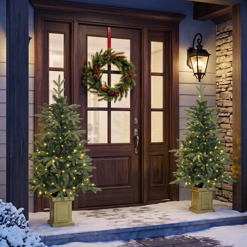 HOMCOM 4ft Prelit Christmas Tree with Dual-Color LEDs, Remote, Set of 2 Aspen Fir, Battery-Operated, 11 Modes, Decorative Pot