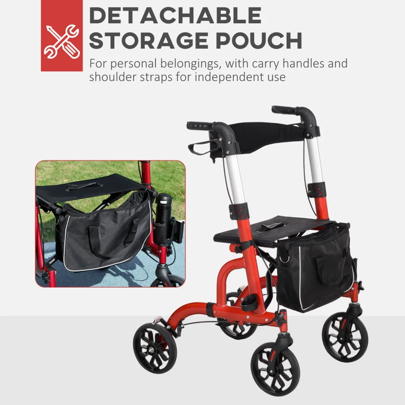 HOMCOM Rollator Walker for Seniors and Adults with 8'' Wheels, Padded Seat and Backrest,  Storage Bag Red