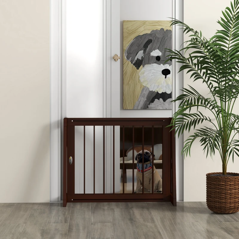 PawHut 28"-75" Freestanding Wooden Pet Gate with Support Feet & Non-Slip Mats for Indoor, Stairway, Doorway, Brown