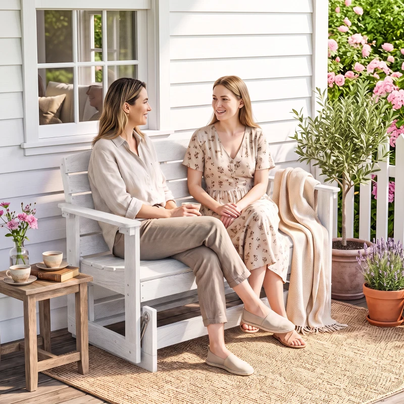 Outsunny Patio Glider Bench w/ HDPE Slatted Double Rocking Chair, Distressed White