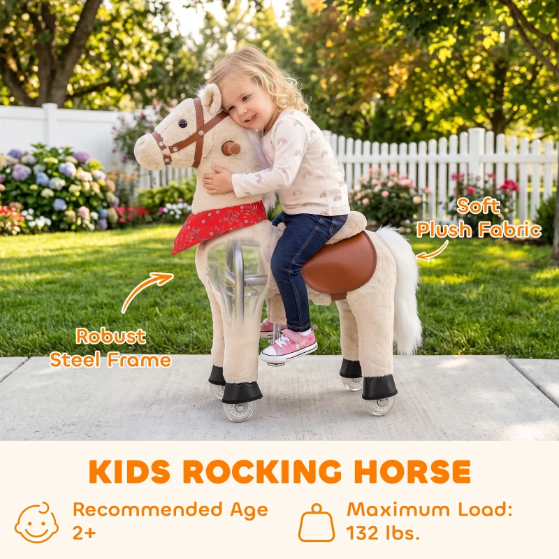 Qaba Ride on Horse for Kids 2+ Years, 29.5" Height Plush Ride On Pony with Rotatable Head and Neighing Sounds, Light Brown