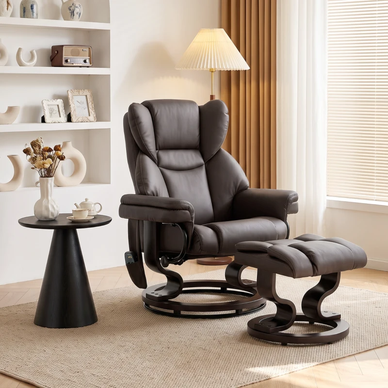 HOMCOM Massage Recliner Chair with Footrest, Swivel Armchair, Wrapped Wood Base, 10 Massage Points, Faux Leather, Brown