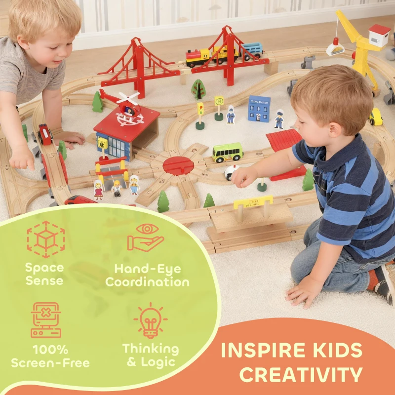 Qaba 133 Pcs Wooden Train Set with Track, Battery Towered Train, Crane, Bridge & Accessories, for Kids 3+ Years Old