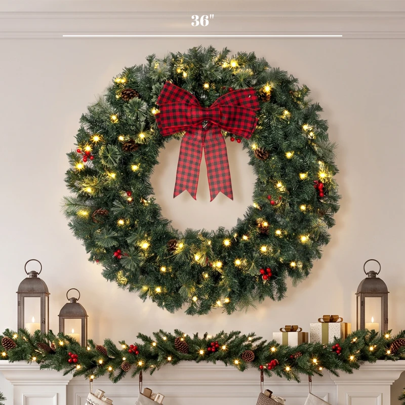 HOMCOM 36" Prelit Crestwood Spruce Artificial Christmas Wreath, Christmas Decor with Bow, 8 Modes, Red Berries, Pinecones