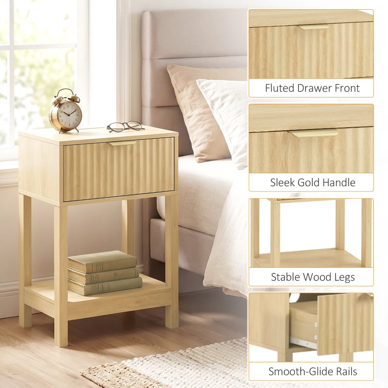 HOMCOM Modern Nightstand Set of 2, Slim Bedside Table with Drawer, Open Shelf and Built-in Charging for Bedroom, Oak