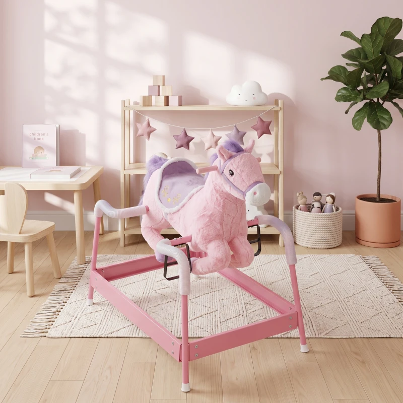 Qaba Kids Spring Rocking Horse, Ride on Horse with Neighing Sounds, Plush Animal Ride on Toy for Ages 3+ Years, Pink