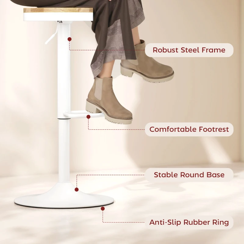HOMCOM Wood Barstools Set of 2, Swivel Bar Stools with Adjustable Height for Kitchen Counter, Natural Wood and White