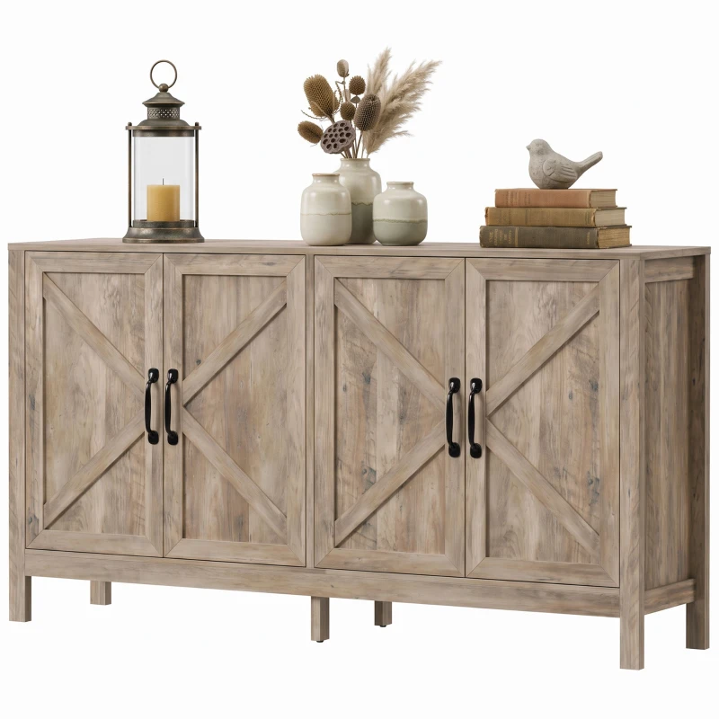 HOMCOM Sideboard Buffet, Storage Cabinet with Barn Door and Adjustable Shelf, TV Stand for TVs up to 65 Inches, Light Grey