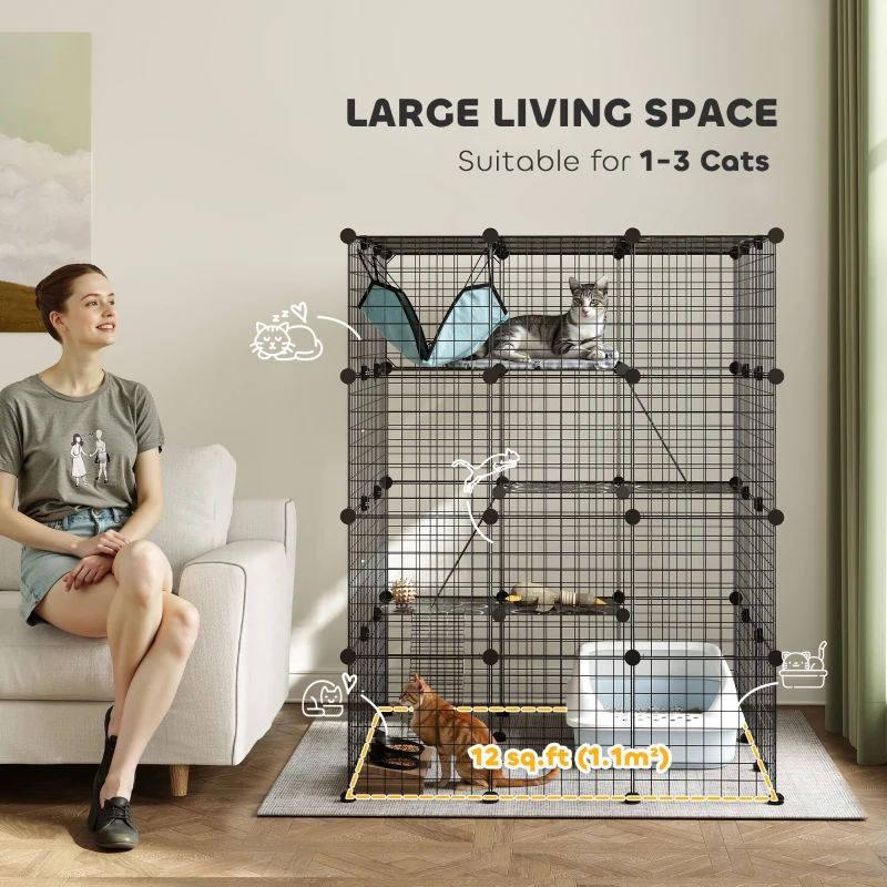 PawHut DIY 4 Tier Cat Cage Indoor with Hammock, Ramps, Jumping Platforms, Doors, Cat Enclosure for 1-3 Cats, 3 x 3 x 4, Black