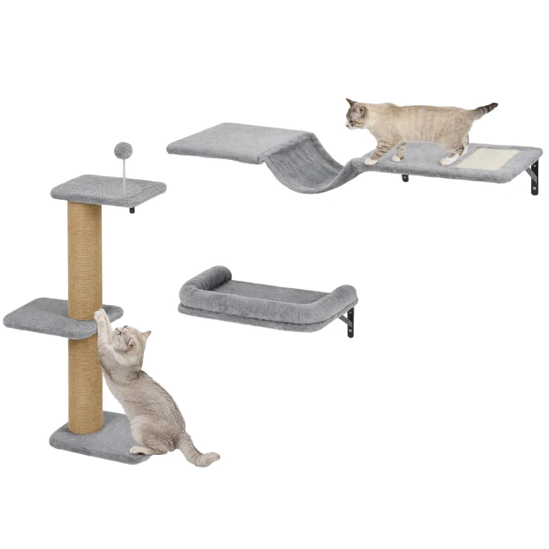 PawHut Cat Wall Shelves, 3-in-1 Wall-Mounted Cat Climber Set w/ Bed, Platforms, Hammock, Scratching Posts and Spring Ball
