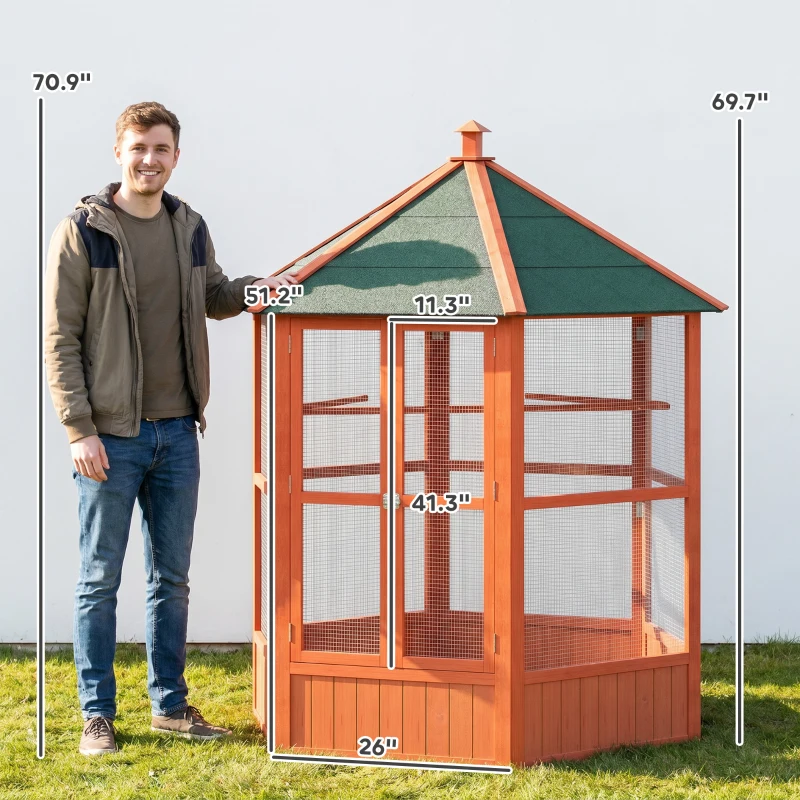 PawHut 69" Wooden Hexagonal Outdoor Aviary Flight Bird Cage With Covered Roof, Brown(m-3)