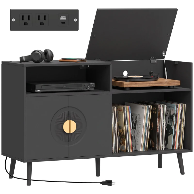 HOMCOM Record Player Stand with Power Outlets, Vinyl Record Holder with Storage Holds Up to 300 Albums, Black