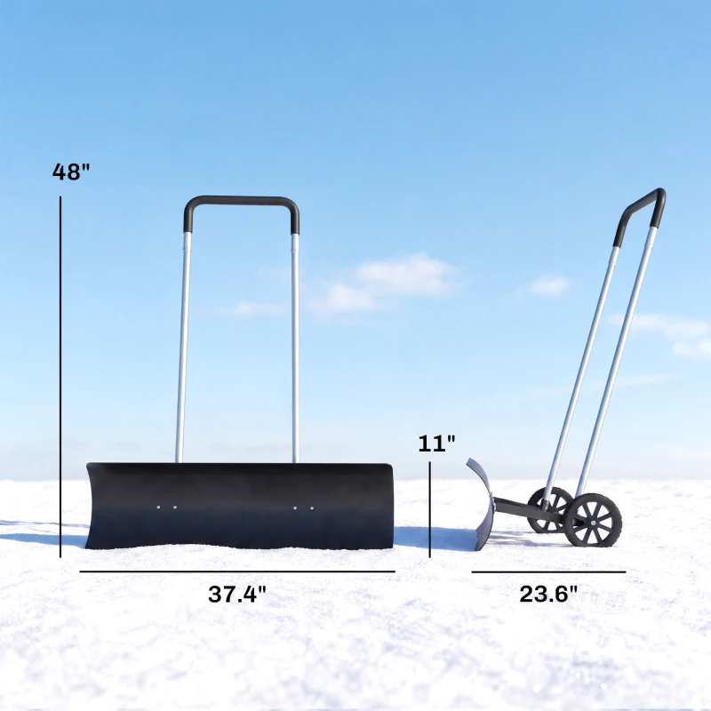 Outsunny 37-Inch Extra Wide Snow Shovel with Wheels, Heavy Duty Aluminum Snow Pusher with Ergonomic Adjustable Handle, Black