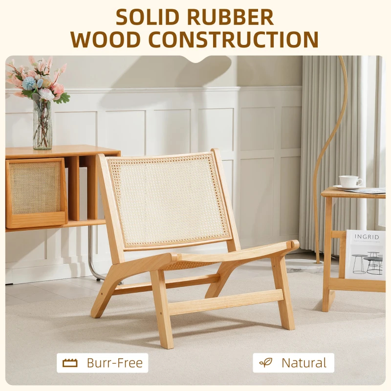 HOMCOM Rattan Accent Chair, Mid-Century Leisure Chair with Rubber Wood Frame, for Bedroom Living Room, Natural
