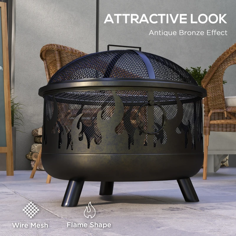 Outsunny Outdoor Metal Fire Pit, 24" Round Firepit Bowl w/ Lid Grill Poker Handles for Garden, Camping, BBQ, Bonfire, Black
