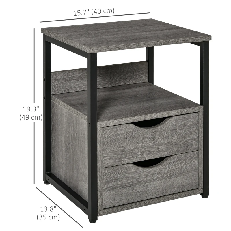 HOMCOM Nightstand with 2 Drawers, Industrial Side Table with Storage Shelf, Accent End Table for Bedroom, Living Room, Grey