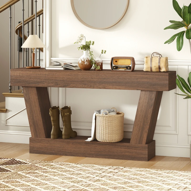 HOMCOM 63 Inch Vintage Console Table, Narrow Entryway Table with Open Shelf for Living Room, Brown
