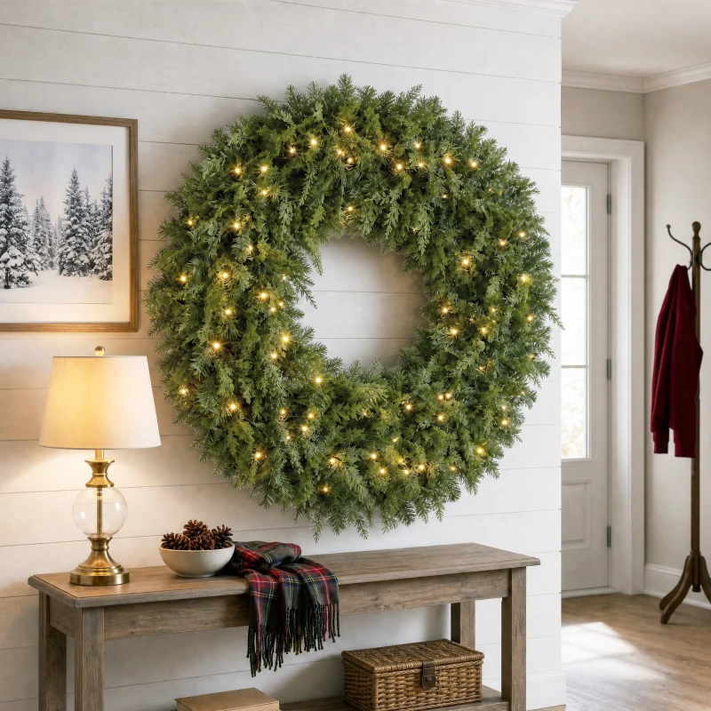 HOMCOM 48" Prelit Crestwood Spruce Artificial Christmas Wreath, Christmas Decor with Bow, LEDs, 8 Modes, Realistic Tips