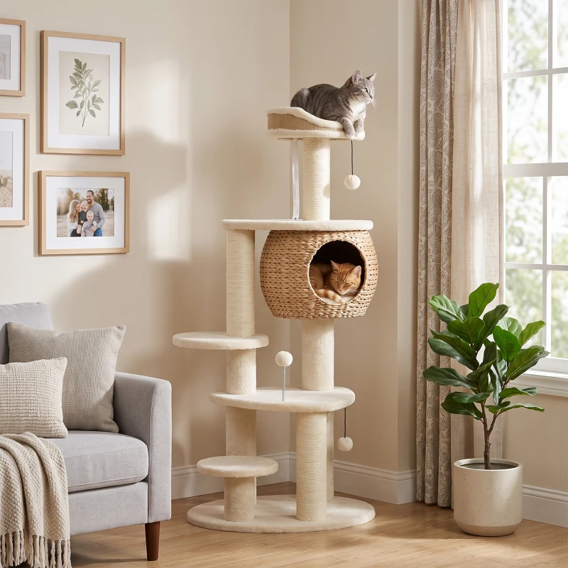 PawHut 52" Cat Tree, Cat Tower with Handwoven Cattail Condo, Bed, Platforms, 3 Scratching Posts and 3 Toy Balls