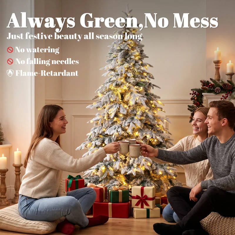 HOMCOM 6ft Prelit Flocked Christmas Tree, Downswept Hinged Xmas Tree with LED Lights, 8 Modes, Daily Timer, Remote