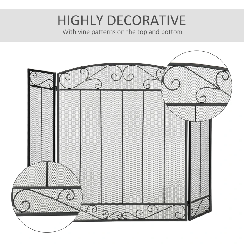 HOMCOM 3-Panel Folding Fireplace Screen, Steel Mesh Fire Spark Guard Cover with Decorative Vine Pattern for Living Room Indoor Decor, 41.25" x 31.75", Black