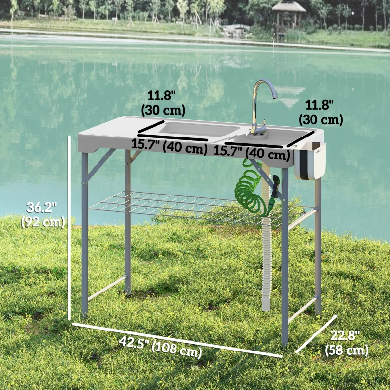 Outsunny Folding Fish Cleaning Table with Sinks, Camping Sink with Faucet Drainage Hose Sprayer Shelf, Grey