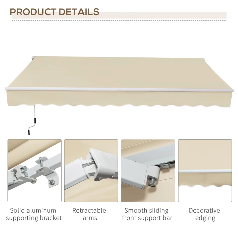 Outsunny 12' x 8' Retractable Awning Patio Awnings Sun Shade Shelter with Manual Crank Handle, 280g/m² UV & Water-Resistant Fabric and Aluminum Frame for Deck, Balcony, Yard, Cream White