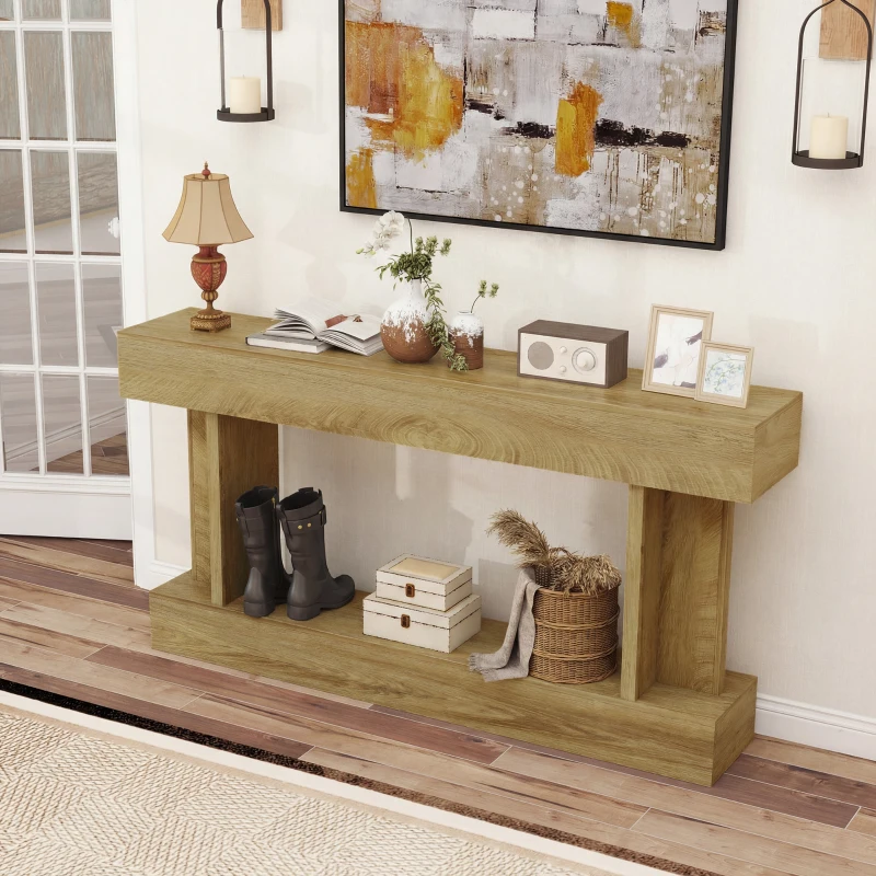 HOMCOM 63 Inch Long Console Table, Vintage Narrow Entryway Table with Storage Shelf for Living Room and Hallway, Oak