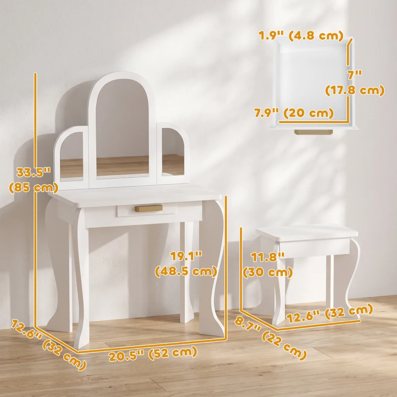Qaba Kids Dressing Table and Chair Set, Girls Dressing Set, Makeup Desk with Drawer for 3-6 Years Old Kids, White