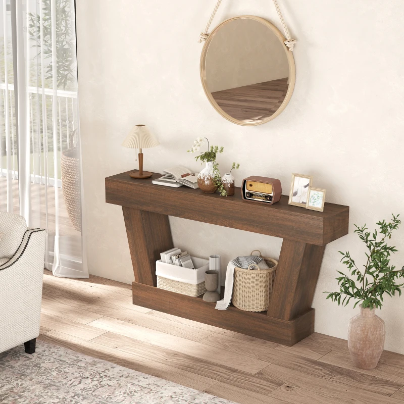 HOMCOM 63 Inch Vintage Console Table, Narrow Entryway Table with Open Shelf for Living Room, Brown