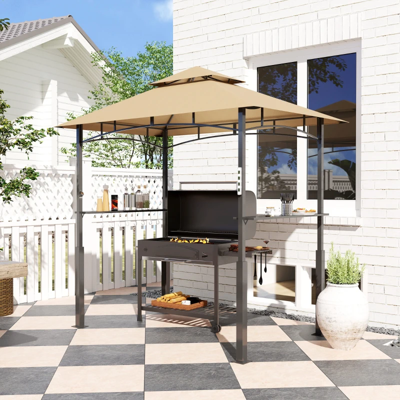 Outsunny 8' x 5' Outdoor Grill Gazebo, Barbecue Gazebo Shelter with LED Light, 2 Side Shelves, Hooks, Bottle Opener, Dark Brown