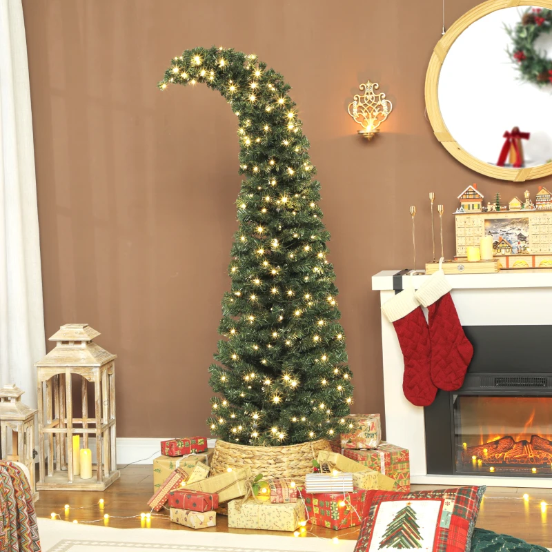 HOMCOM 6 ft Prelit Christmas Tree, Whimsical Xmas Tree Slim High Mountain Fir with 200 LEDs and Metal Stand, Green