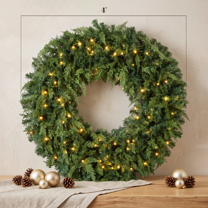 HOMCOM 48" Prelit Crestwood Spruce Artificial Christmas Wreath, Christmas Decor with Bow, LEDs, 8 Modes, Realistic Tips