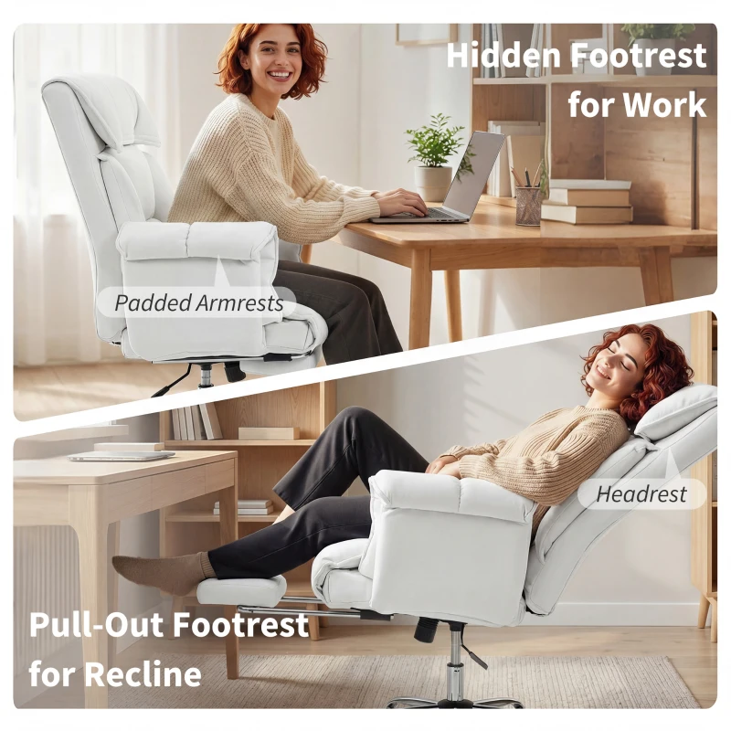 HOMCOM High Back Office Chair, Reclining Desk Chair with Footrest, High Resilience Foam, Rolling Wheels, Cream White